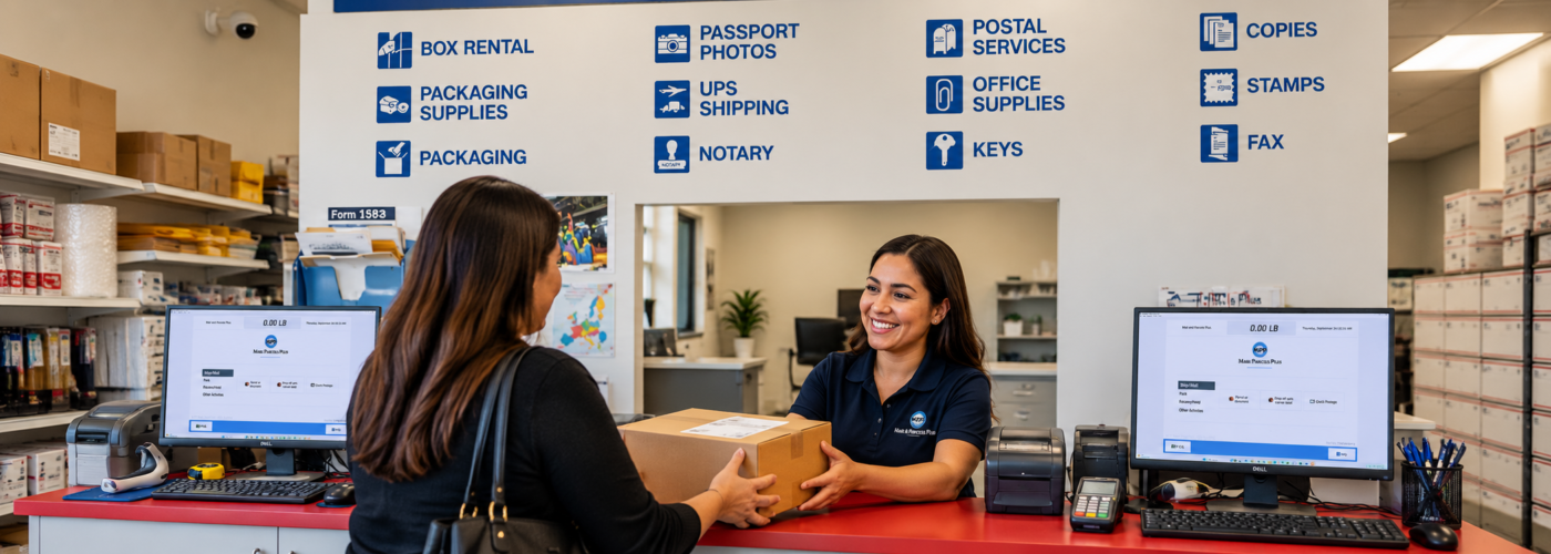 front counter wide Mail & Parcels Plus service counter offering shipping, mailboxes, passport photos and notary services