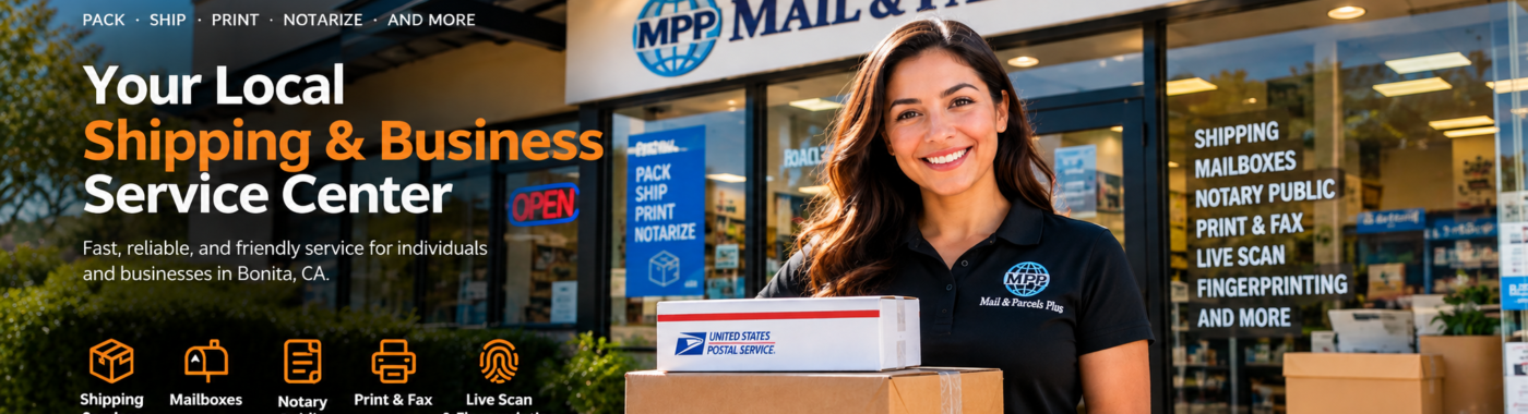 home main Mail & Parcels Plus shipping and business services in Bonita CA