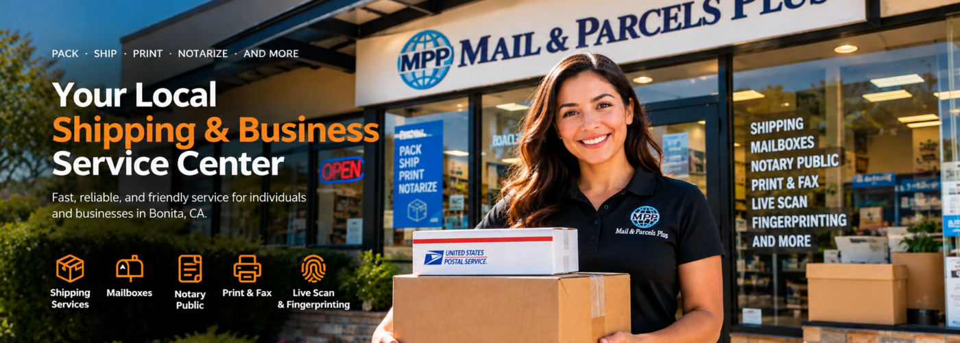 home main Mail & Parcels Plus shipping and business services in Bonita CA