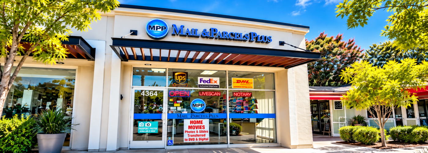 store front wider Mail & Parcels Plus storefront in Bonita, CA